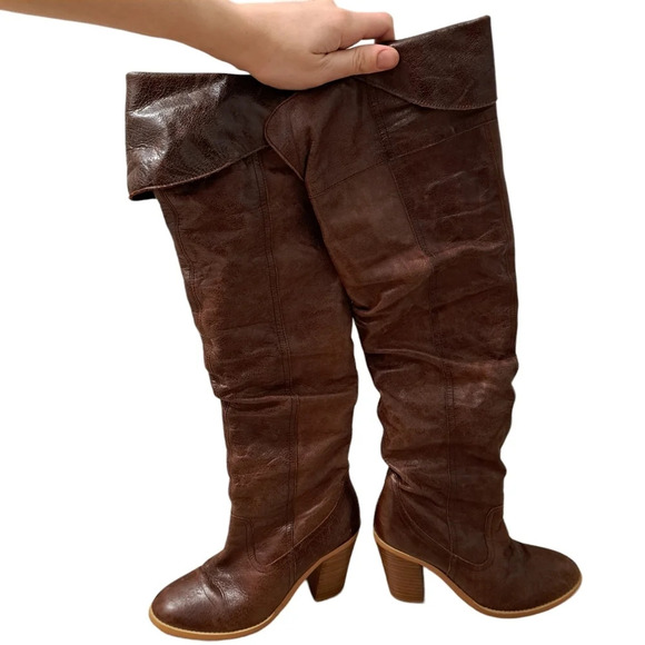 bebe Shoes - Bebe Women's Brown Leather Knee Length Block Heel Foldover Boots Size 5
